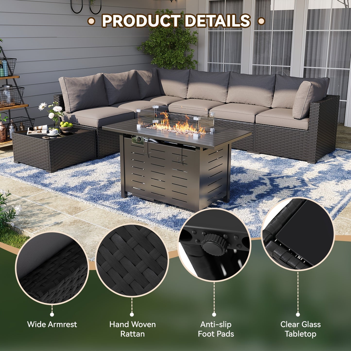 Oneinmil 3 & 8pcs Outdoor Sectional Patio Furniture Set with Fire Pit Table | L-Shaped Wicker Rattan Conversation Set | 4" Thick Waterproof Cushions for All-Weather Seating - Patio Furniture Outdoor for Deck, Garden, Poolside