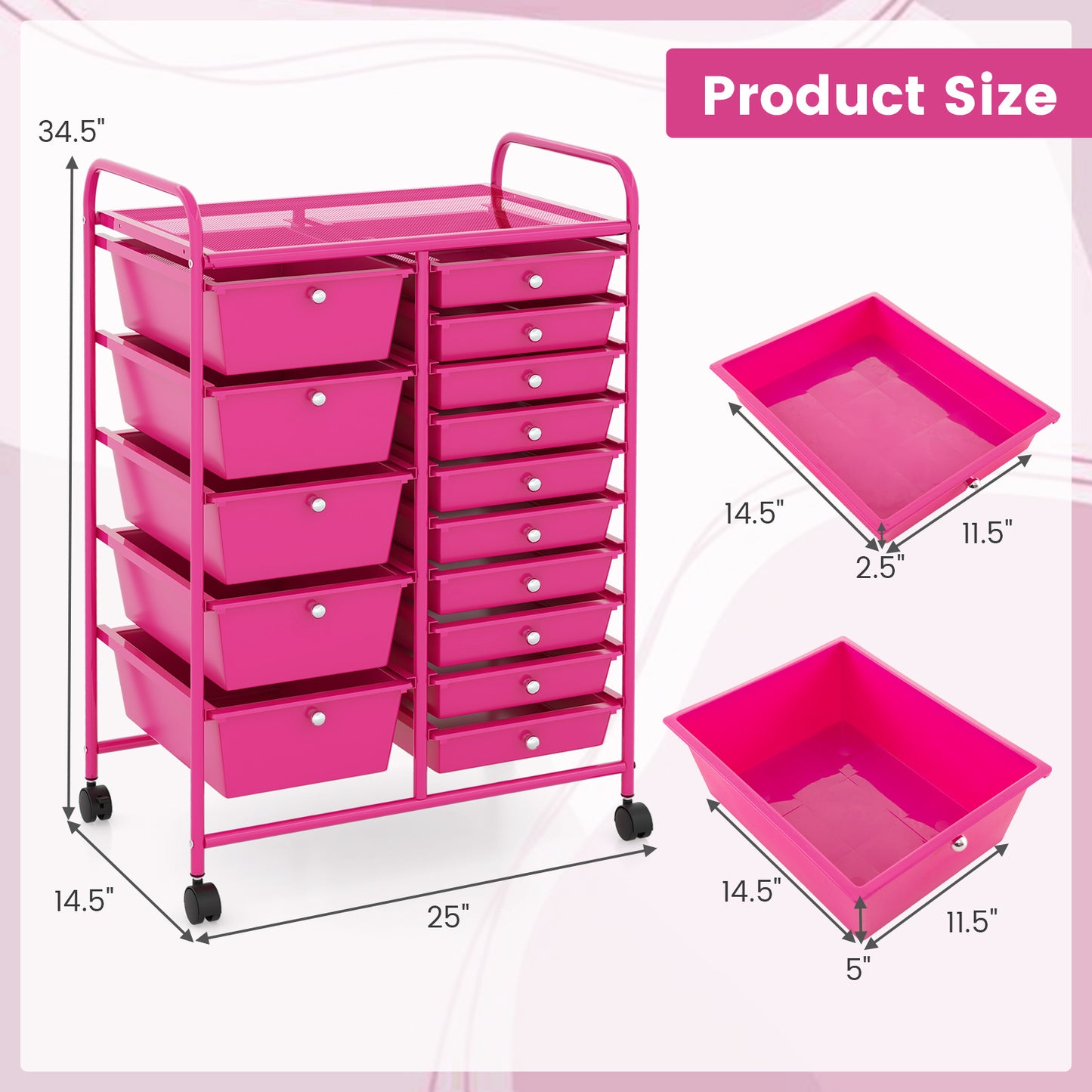 1pc MULTIGOT Contemporary Cast Iron 15-Drawer Rolling Storage Cart, Wheeled Mobile Organizer with Metal Frame, Floor Mount, No Electricity Needed