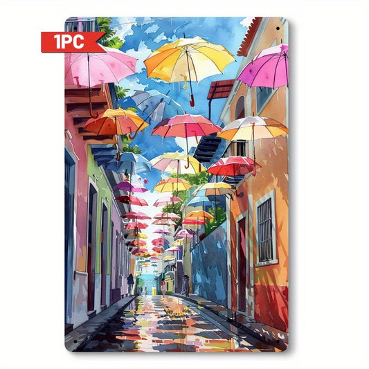 Vibrant San Juan Puerto Rico Street Art Decor Sign – Colorful Umbrellas, Classic Vintage Style, 2D Flat Print on Iron Metal, Perfect for Living Room, Dining Area, or Office, Tropical-Themed Decoration, 8"x12, Tropical Decor