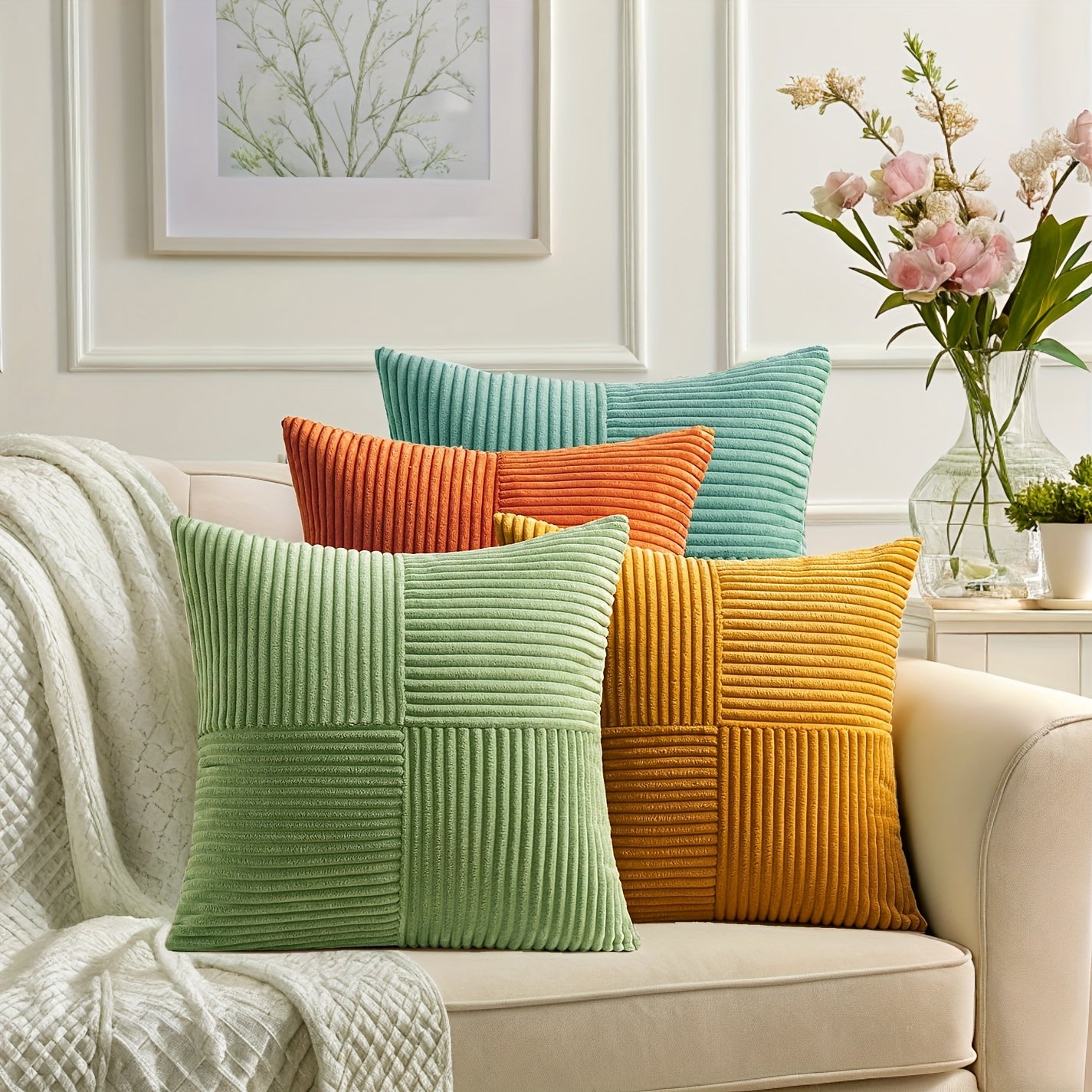 [Bohemian Pillow Covers] 4pcs Bohemian Style Patchwork Throw Pillow Covers | Soft Corduroy, Gradient Textured, Zip Closure, Polyester Fiber, 12in*20in, 18in*18in, Green, Orange, Teal, Yellow, Hand Wash Only, Farmhouse Aesthet