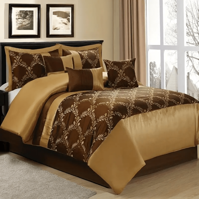 7 Piece Classic Embroidery Comforter Set King/Queen- Black And Silver Faux Silk Fabric Embroideried-1 Comforter, 2 Shams, 3 Decorative Pillows, 1 Bedskirt