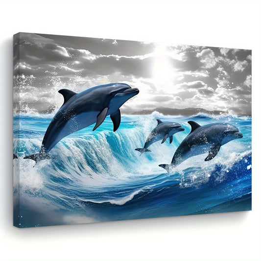 1pc Dolphin Leap Ocean Canvas Wall Art, Wooden Framed Seascape Print for Living Room, Bedroom, Kitchen - Home & Office Decor, Unique Gift for Any Occasion, 11.8x15.7 inches