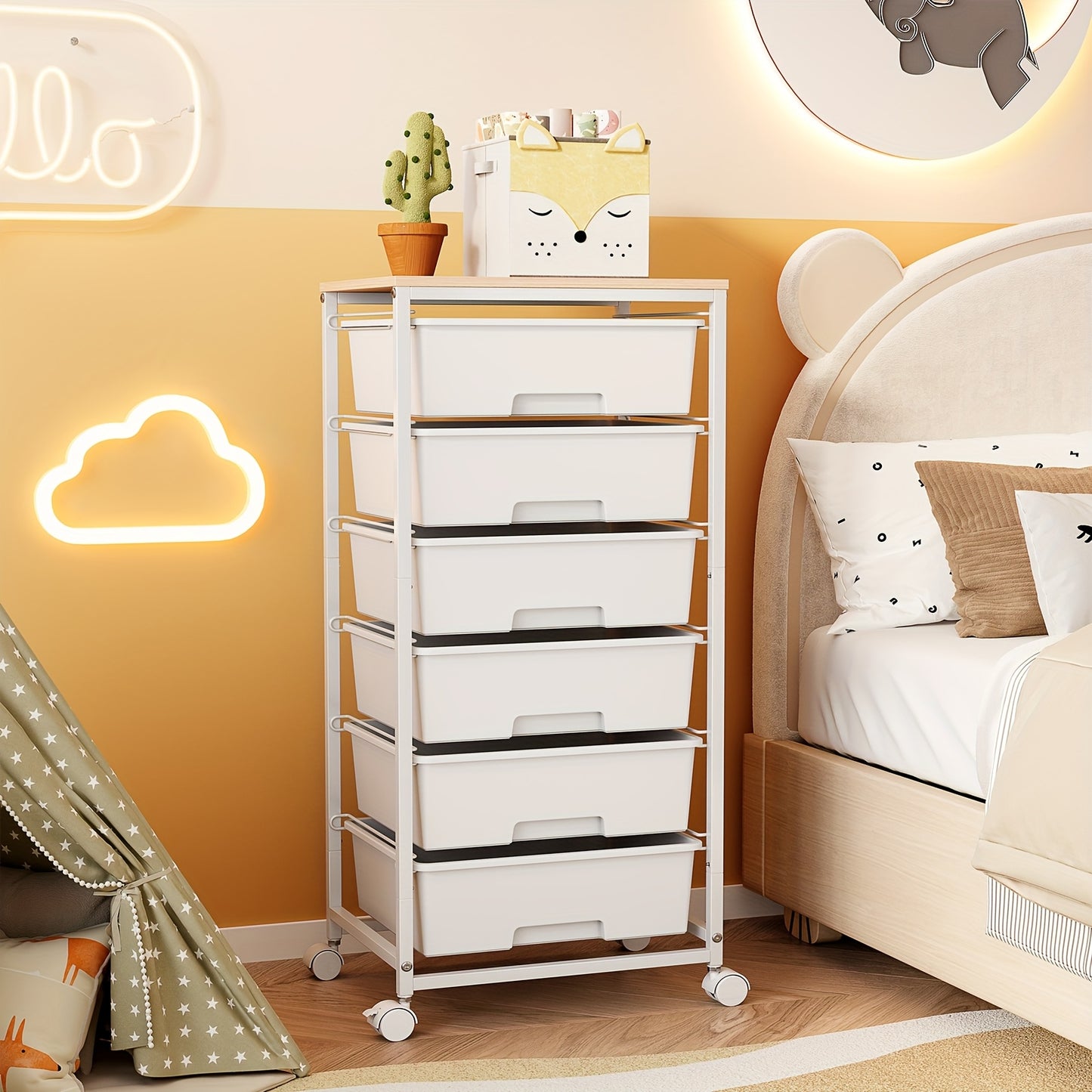 TOOLF Rolling Storage Cart With Drawers, Utility Cart With 6 Drawers And Tabletop, Craft Storage Cart With Lockable Wheels For Bedroom, Office, Classroom, Living Room