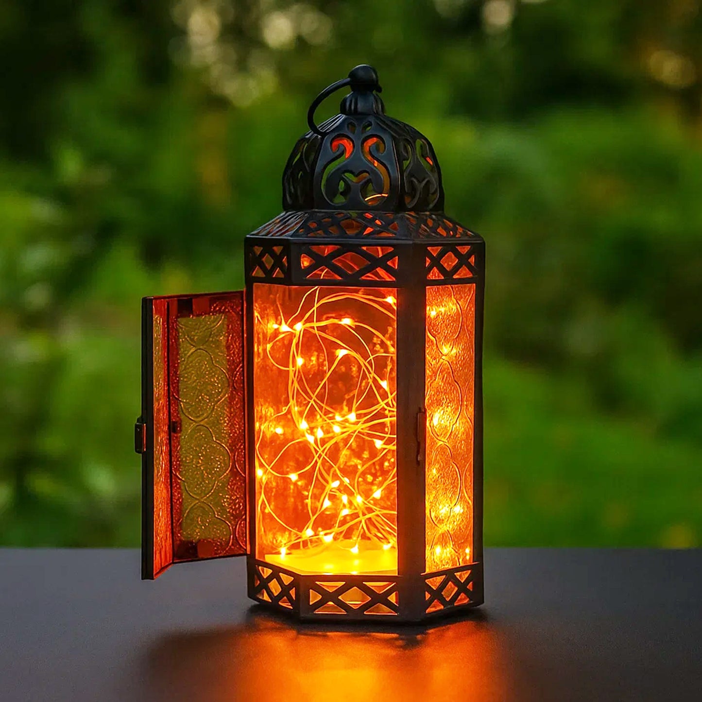 Stunning Ambient Lighting Safe and Stylish Glass Metal Moroccan Candle Lantern Holder Lamp with Battery-Operated LED Lights plus Remote Control – Handcrafted Lantern with Intricate Design and Embossed Glass, Indoor Home Dec