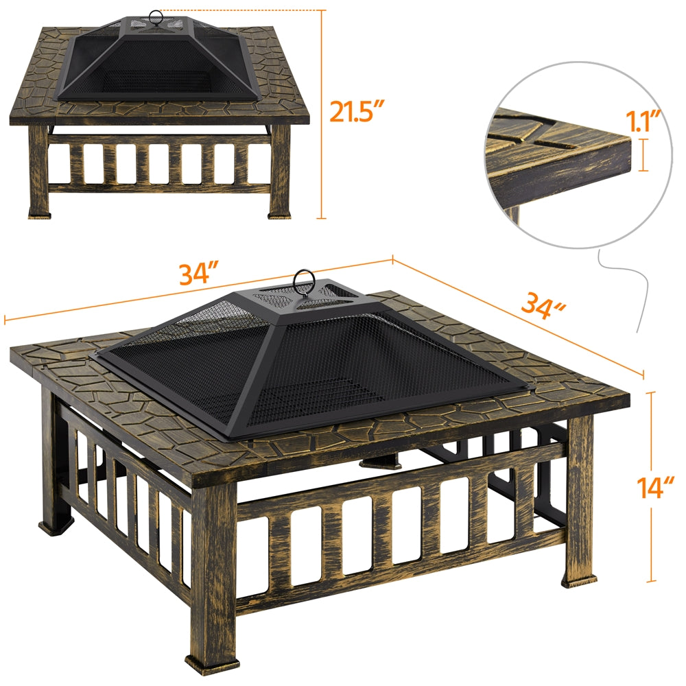 Costoffs Halloween 32in/34in Outdoor Multi-functional Fire Pit Wood Fire Pit Table for Patio Camping Square Firepit for Barbecue, Heating, Cooling w/Cover, Poker