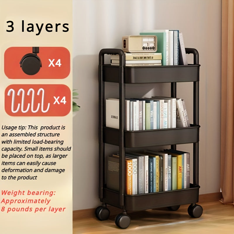 [Durable Storage Cart] Durable Multi-Layer Storage Organizer Cart | Easy to Move, Ideal for Kitchen, Bathroom, Bedroom - White and Black, 2D Flat