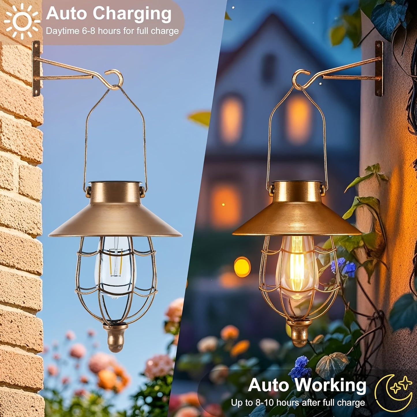 2 Pack Solar Outdoor Lights, Metal Hanging Lantern, Waterproof Solar Lights With Wall Mount Kit Or Porch, Patio, Yard Decor