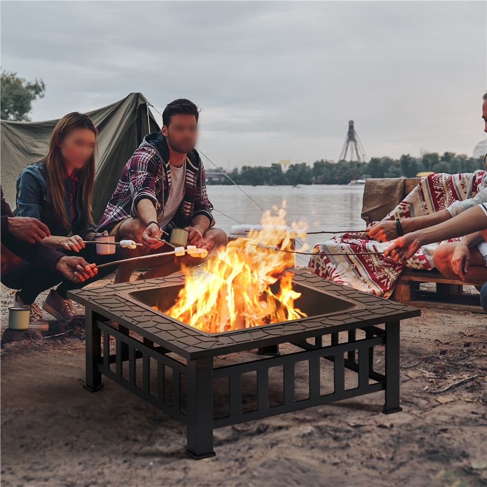 Costoffs Halloween 32in/34in Outdoor Multi-functional Fire Pit Wood Fire Pit Table for Patio Camping Square Firepit for Barbecue, Heating, Cooling w/Cover, Poker