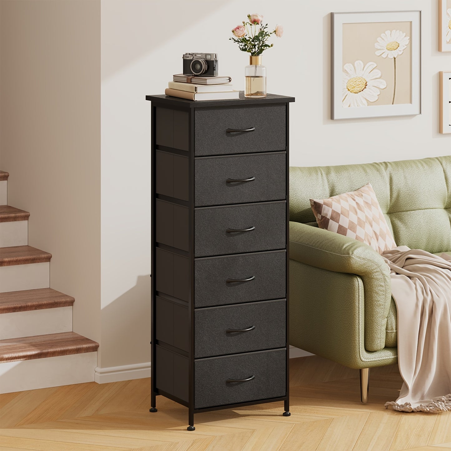 Fabric Dresser, 6-Drawer Tall Dresser for Bedroom, Storage Organizer with Fabric Bins, Wood Top, Sturdy Steel Frame, Chest Of Drawers for Closet, Hallway, Black, for Halloween And Christmas