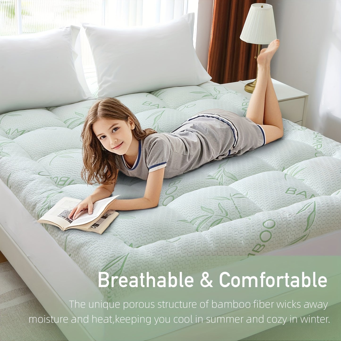 Extra-Thick Bamboo Fiber Pillow Mattress Topper - 1000GSM Cooling Mattress Pad with High Quality & Moisture-Proof Bottom, Breathable & Cool for Immersive Sleep, Offering A Premium Sleep Experience, Soft Mattress Cover with 8"