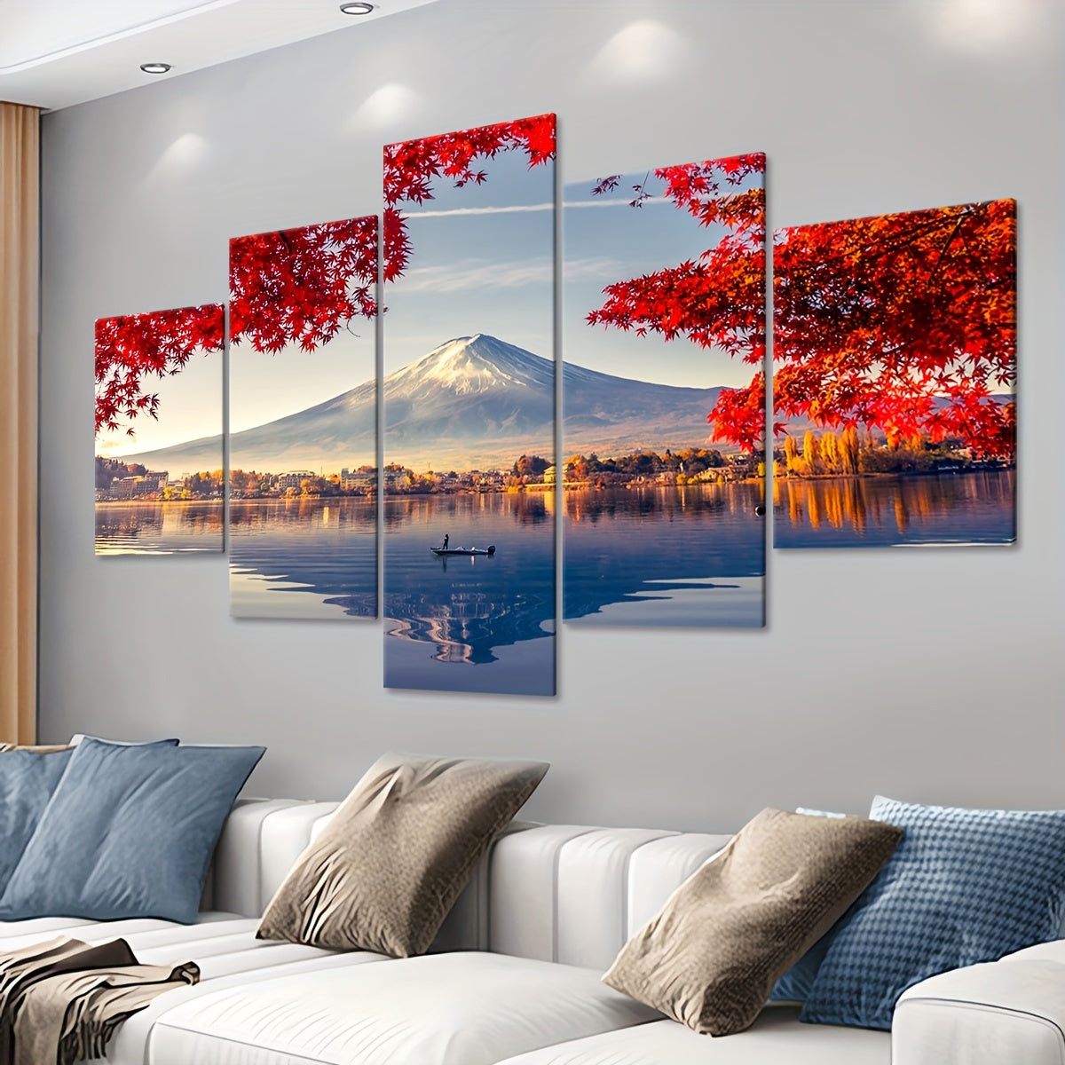 5pcs Frame Snowy Mountains And Lakes Maple Leaf Tree Canvas Poster, Natural Landscape Five Panel Scene Art, Modular Picture, Print Painting, Modern Art, Ideal Decor for Bedroom Living Room Kitchen Dorm, Wall Decoration, Gift