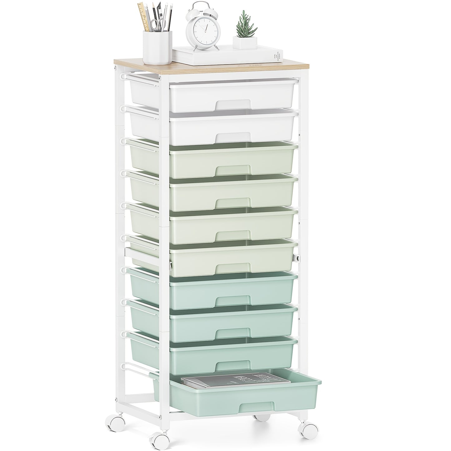 KINGRACK 10-Drawer Heavy-Duty Metal Rolling Storage Cart with Lockable Wheels & Tabletop - White & Pink Mobile Organizer with 10-Tier Drawers, Space-Saving Design for Home, Office, Classroom, Craft Room - Sturdy 4-Wheel Utili