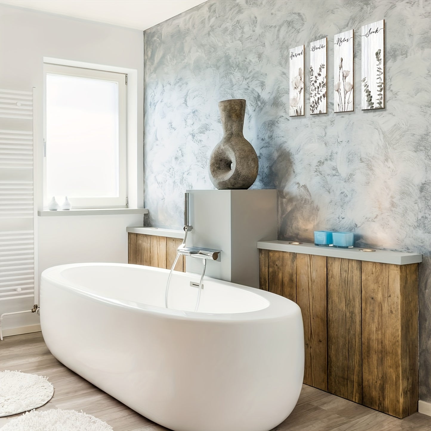 [4pcs Wooden Bathroom Decor] 4pcs Wooden Bohemian Plant Bathroom Wall Decor | Relax Soak and Breathe Bathroom Wall Wood Sign, Minimalist Floral Bathroom Wall Art Home Bathroom Washroom Laundry Room Wall Decoration