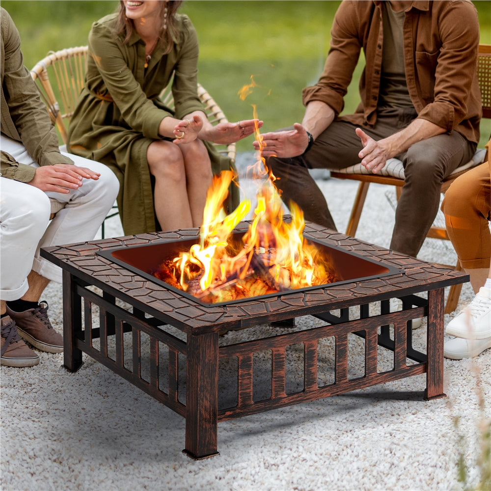 Costoffs Halloween 32in/34in Outdoor Multi-functional Fire Pit Wood Fire Pit Table for Patio Camping Square Firepit for Barbecue, Heating, Cooling w/Cover, Poker