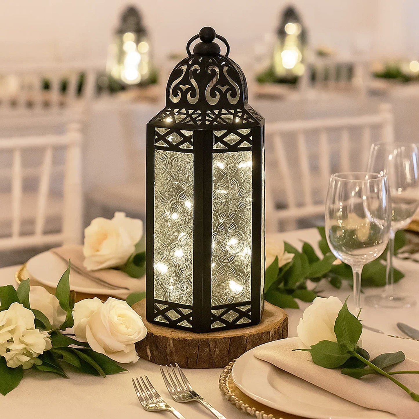 Stunning Ambient Lighting Safe and Stylish Glass Metal Moroccan Candle Lantern Holder Lamp with Battery-Operated LED Lights plus Remote Control – Handcrafted Lantern with Intricate Design and Embossed Glass, Indoor Home Dec