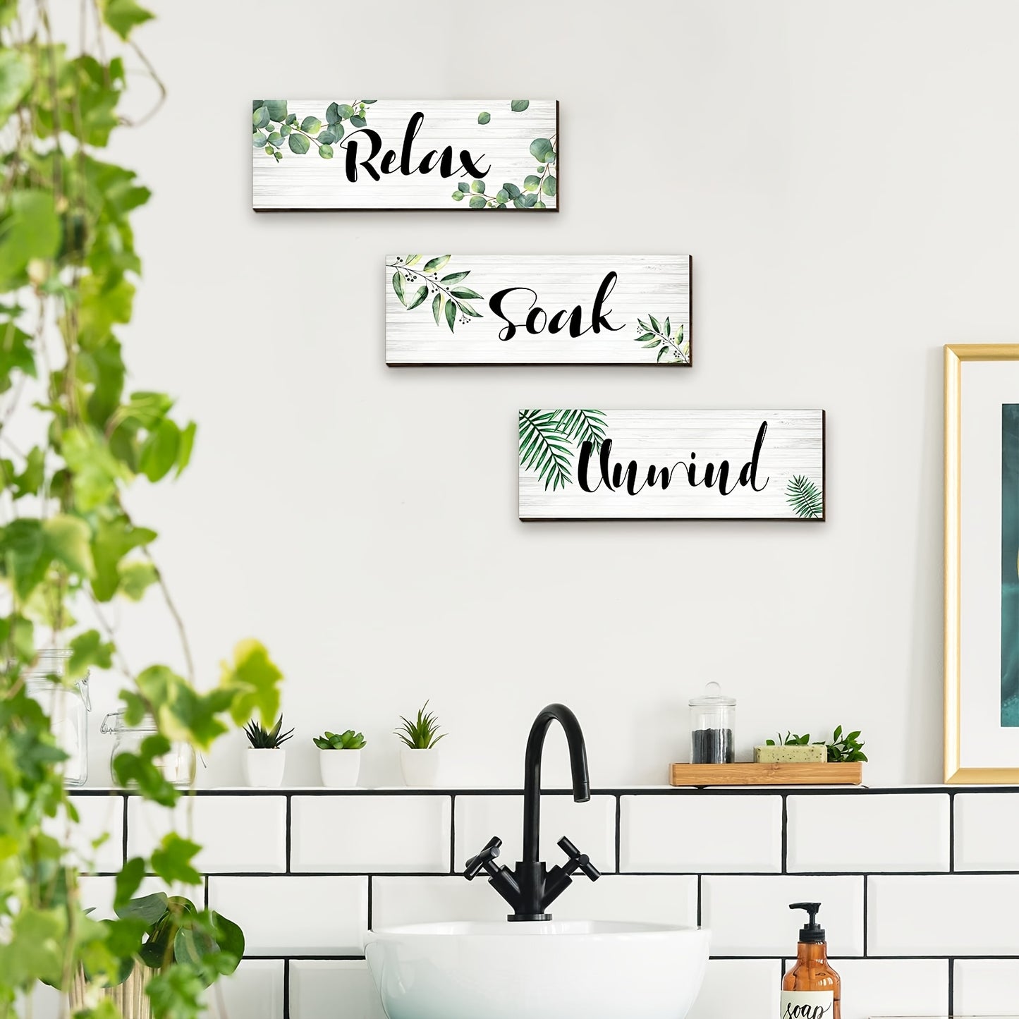 3pcs Wooden Sage Green Bathroom Wall Decor, Relaxing Soaking Relaxation Farmhouse Bathroom Wall Sign, Botanical Green Wooden Wall Art Decor for Bathroom Bedroom Living Room Decor