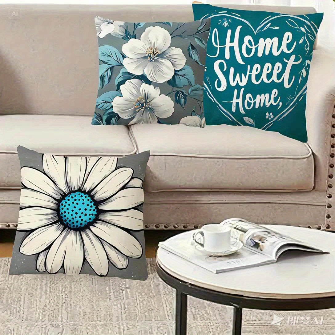 Set of 4 Teal Floral Throw Pillow Covers 18x18 – Modern Bohemian Decorative Cushion Covers for Sofa, Bed, Living Room, Outdoor – Polyester, Zip Closure, Hand Wash Only, Decorative Pillows