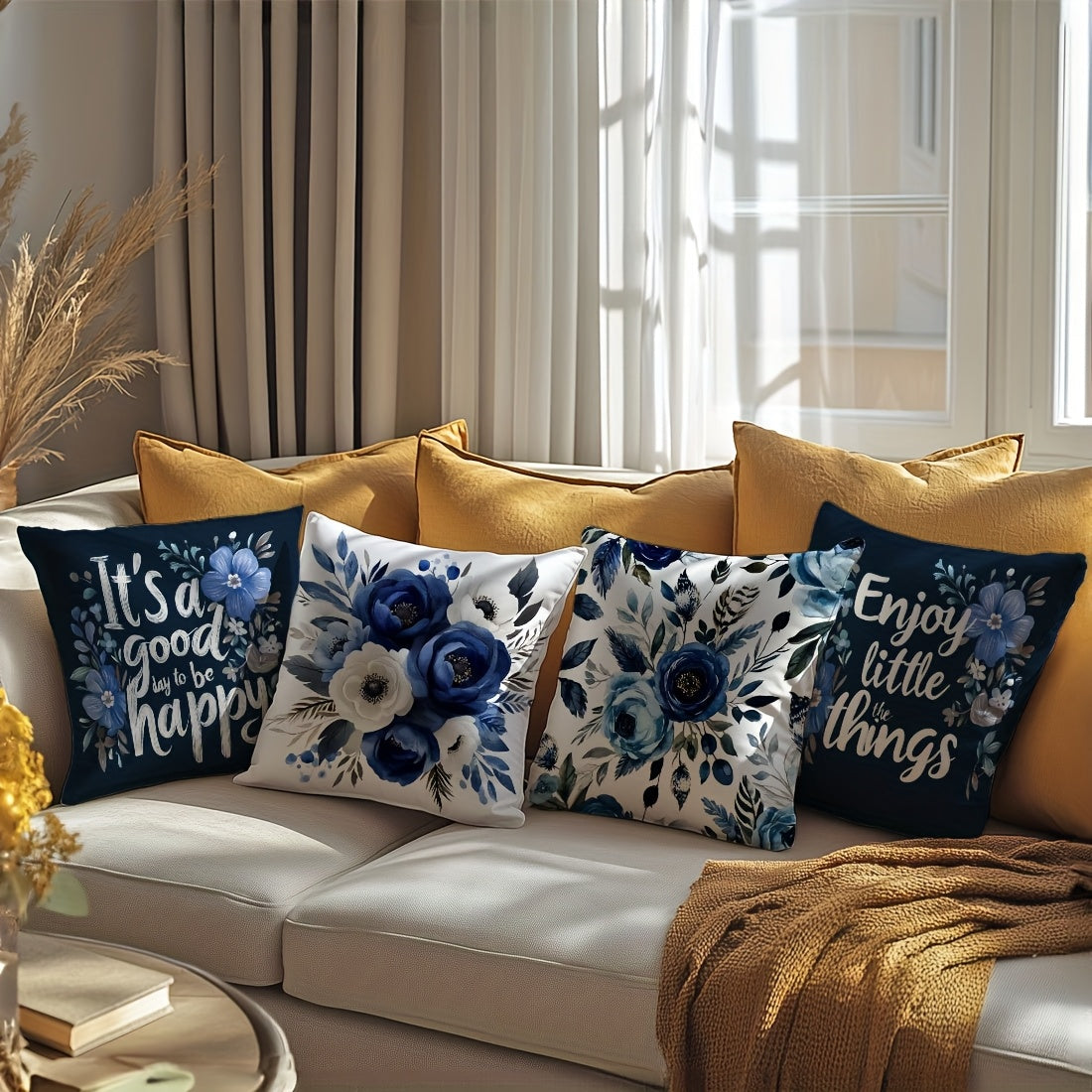 4pcs, Single Sided Printed Pillow Cover, Four Piece Set Of Deep Blue Floral Text Pillow Cover, 17 7*17. 7in, Home Decoration Pillow Cover Suitable For Living Room, Sofa, Bedroom, Without Pillow Core