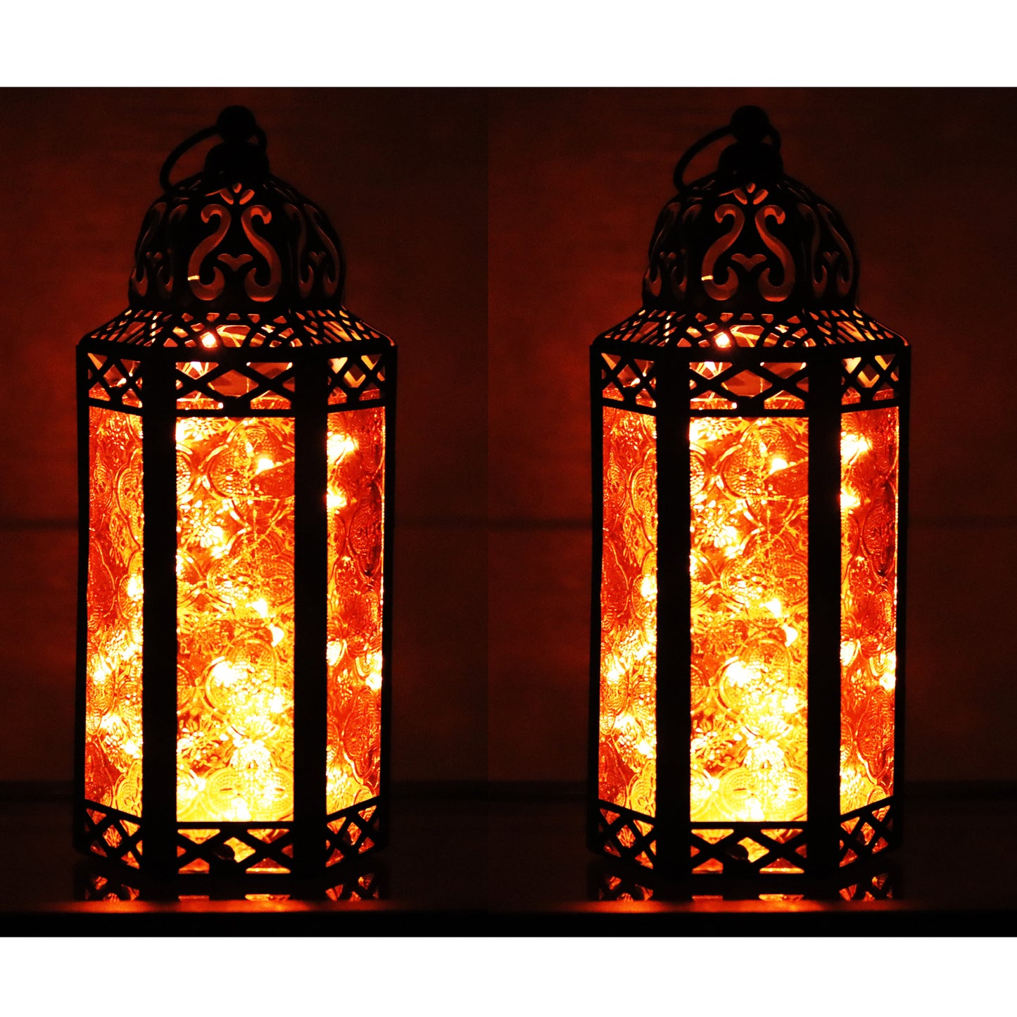 Stunning Ambient Lighting Safe and Stylish Glass Metal Moroccan Candle Lantern Holder Lamp with Battery-Operated LED Lights plus Remote Control – Handcrafted Lantern with Intricate Design and Embossed Glass, Indoor Home Dec