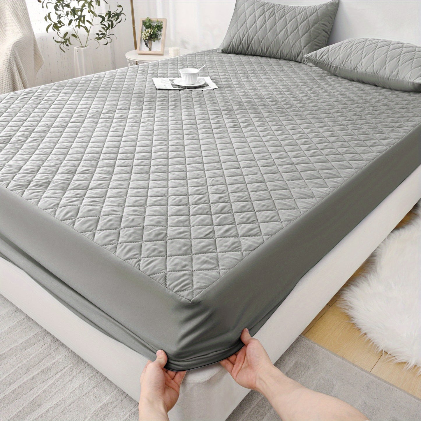 Waterproof Mattress Protector - Super Soft Quilted Polyester, Gray Satin Finish, Elastic Fit with Button Snap Closure, Machine Washable for Home & Hotel Use (Pillowcases Not Included), Comfortable Sleeping, Elegant Bedroom St