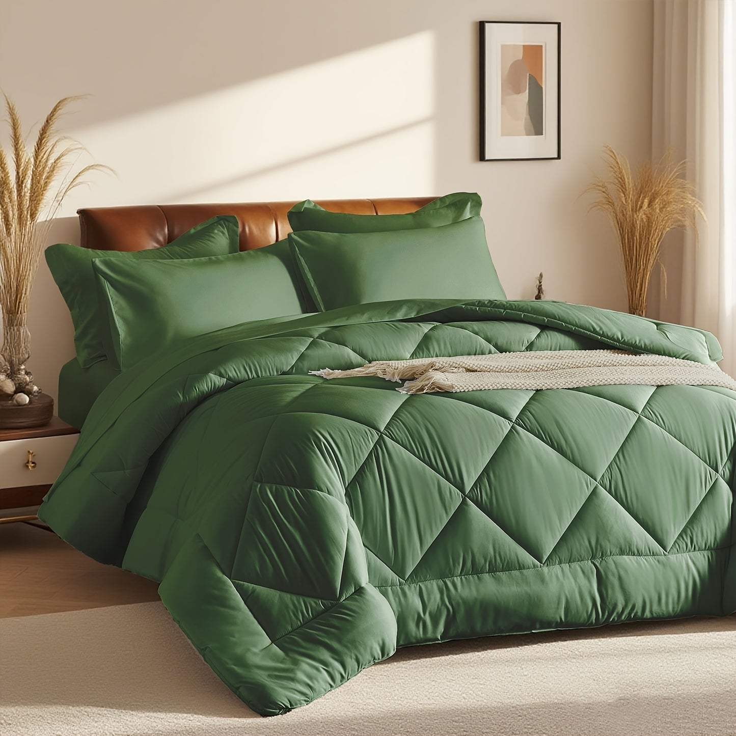 5pcs or 7pcs Geometric Quilted Rectangular Comforter Sets Queen - Soft & Comfortable All-Season Bedding Set with Wrapped Mattress, High-End Hotel Dorm Decor, Includes Comforter Pillowcase, Flat Sheet, Fitted Sheet, Microfiber