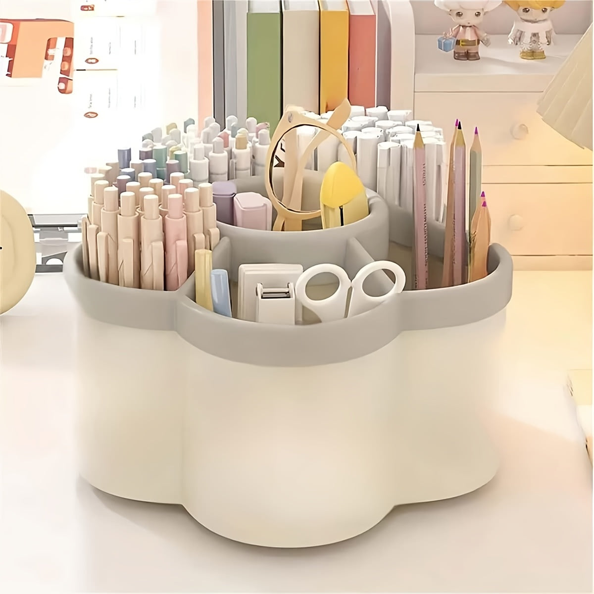 [Durable Desktop Organizer] 1pc 360-Degree Rotating Durable Plastic Desktop Organizer with 6 Compartments | Multi-Purpose Storage for Office Supplies, Makeup Brushes, Pens, Cosmetics & Stationery - Space-Saving Desk Organizer