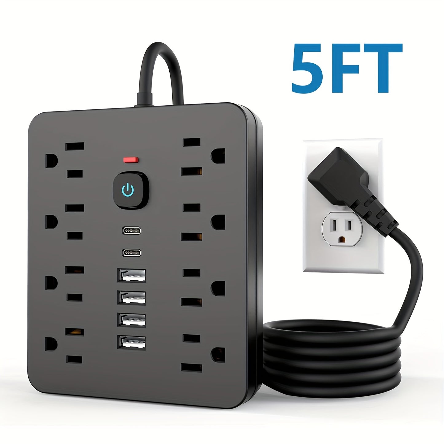 [14in 1 Power Strip] 14in 1 Power Strip Surge Protector with 8 Outlets, 4 USB and 2 USB C Ports | Flat Plug, Wall Mount, Overload Protection | Desk USB Charging Station for Home, Office
