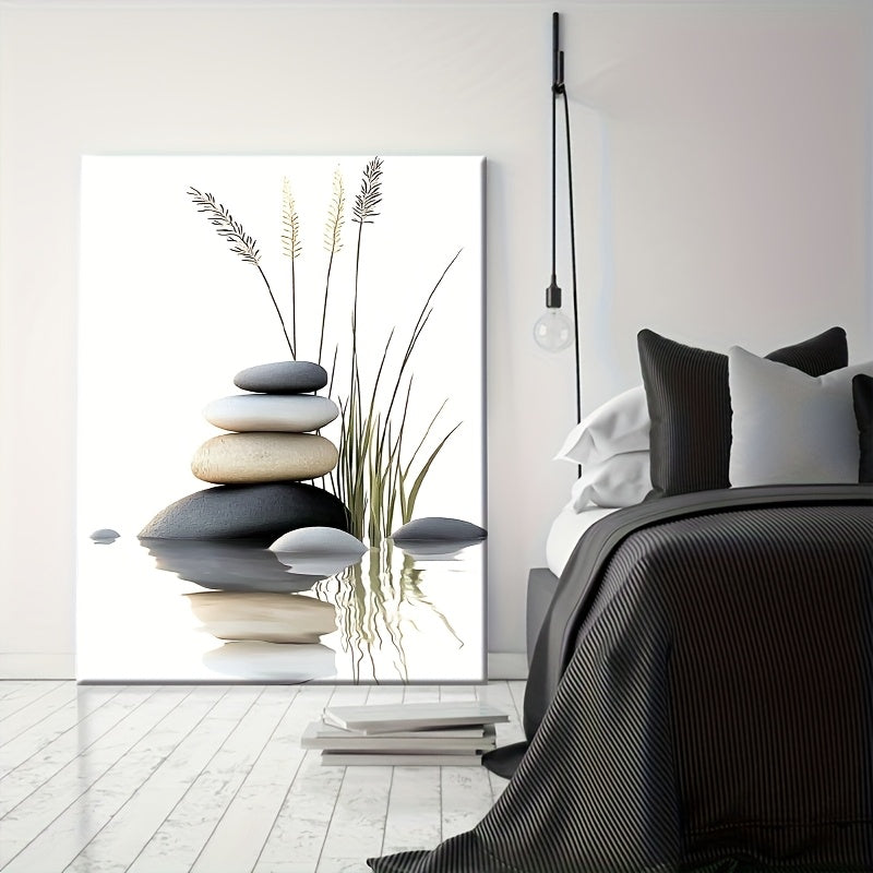 [Bohemian Wall Art] 1pc Solid Wood Framed Canvas Poster - Waterproof Durable Wall Art with Tranquil Stacked Stones & Grasses Design, Contemporary Bohemian Modern Style for Living Room, Bathroom Decor, Spring Holiday Gift for