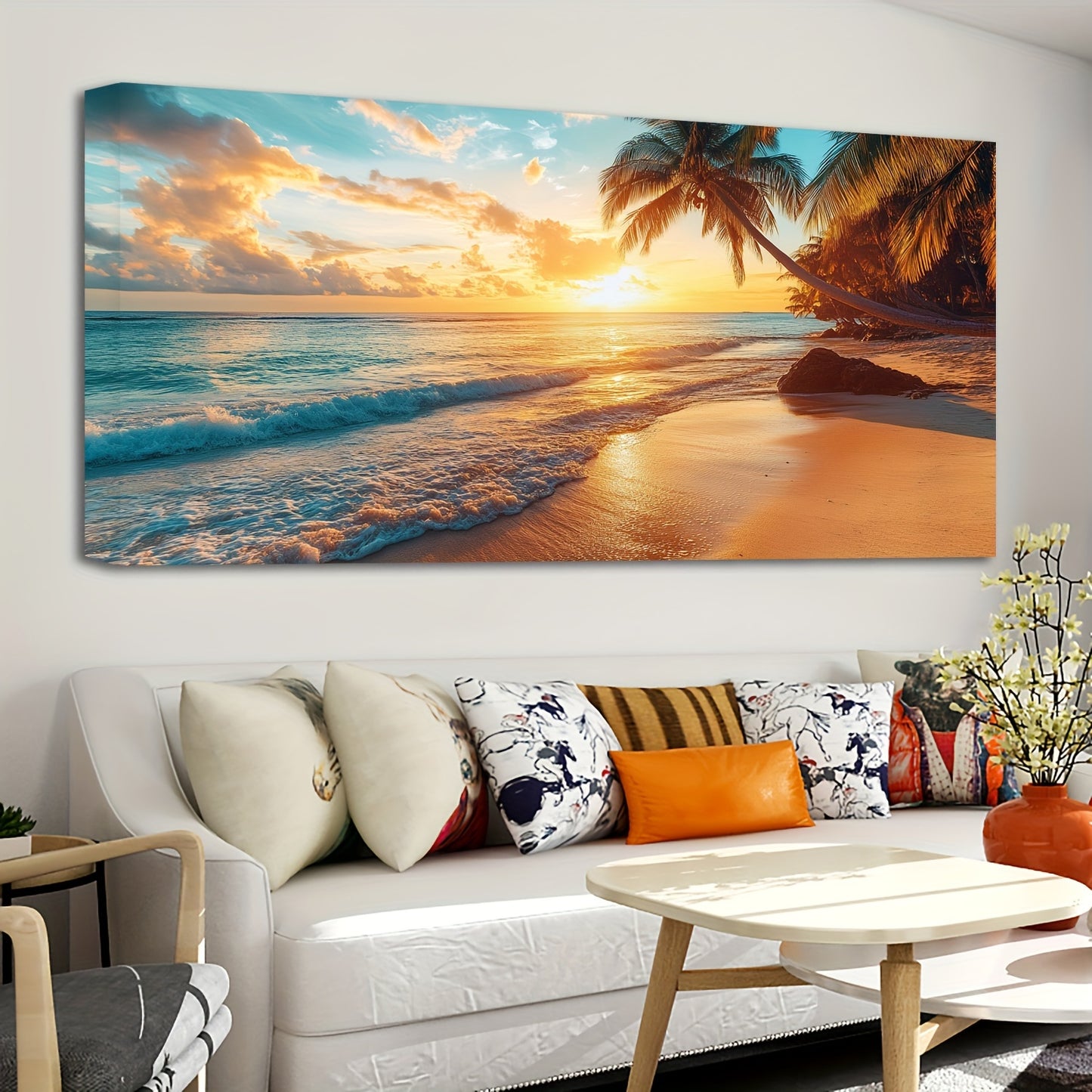 1.5-Inch Thick Pine Solid Wood Frame, Natural Scenery Canvas Mural, Ocean Sunset Coastal Scenery Beach Picture Wall Decoration, Sea Poster Sea View Wall Decoration, Modern Relaxing Sunrise Skyline Painting, Suitable for Bathr
