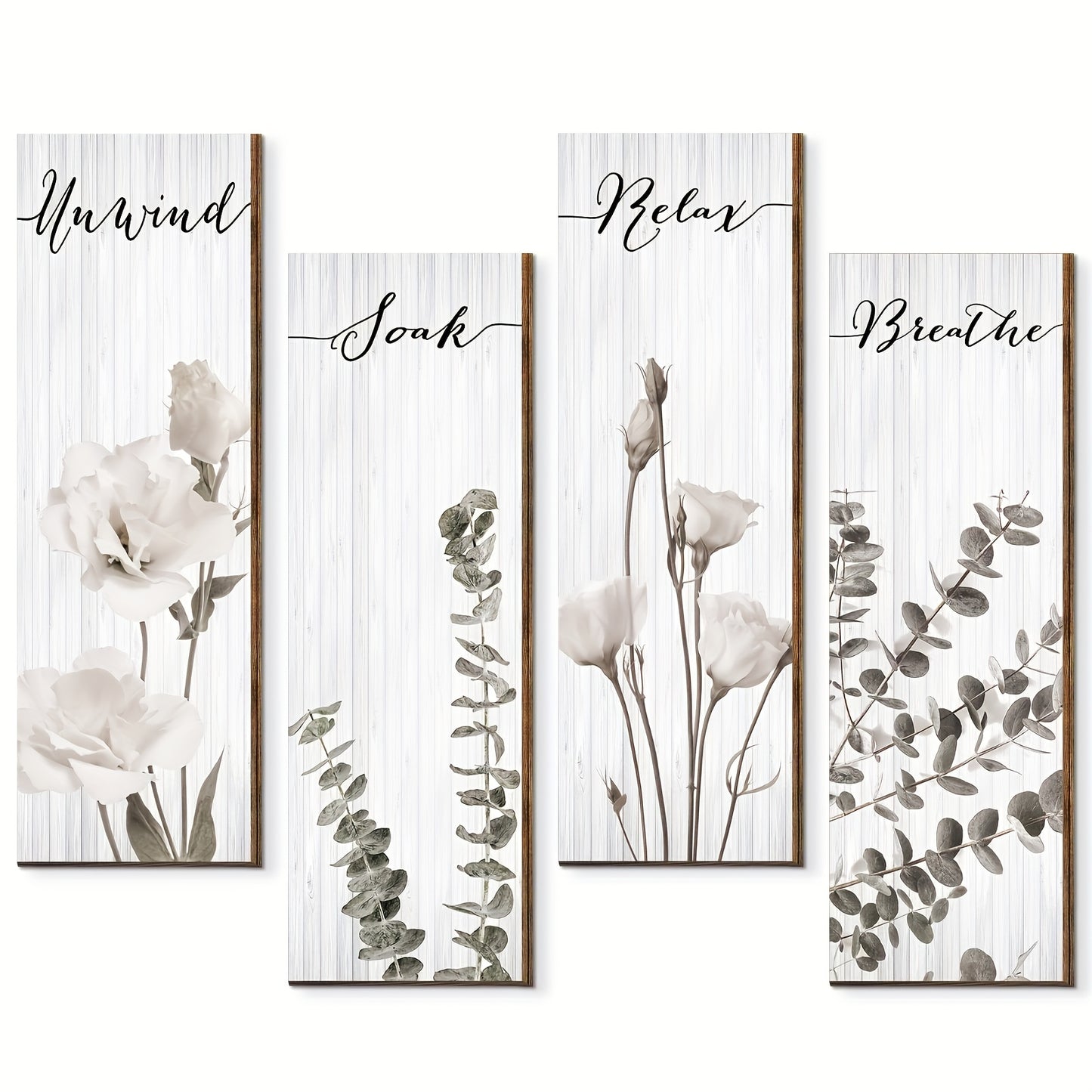 [4pcs Wooden Bathroom Decor] 4pcs Wooden Bohemian Plant Bathroom Wall Decor | Relax Soak and Breathe Bathroom Wall Wood Sign, Minimalist Floral Bathroom Wall Art Home Bathroom Washroom Laundry Room Wall Decoration