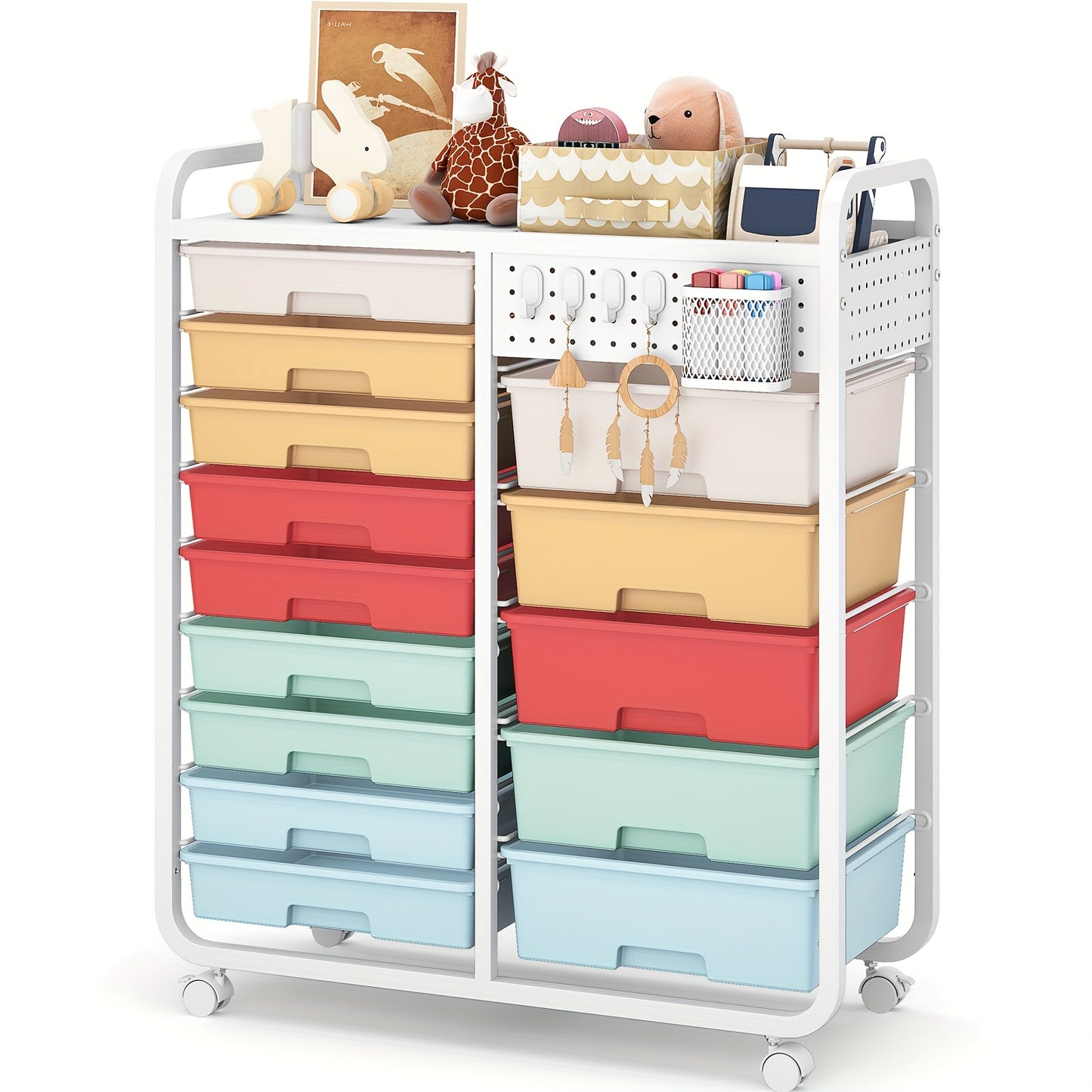[Durable Craft Storage Cart] TOOLF Durable 14-Drawer Rolling Storage Cart with Tabletop & Pegboard | Mobile Utility Cabinet on Wheels - Metal Organizer with 14 Spacious Drawers, 3.2 Cu Ft Capacity & 27" Height for Home, Offic