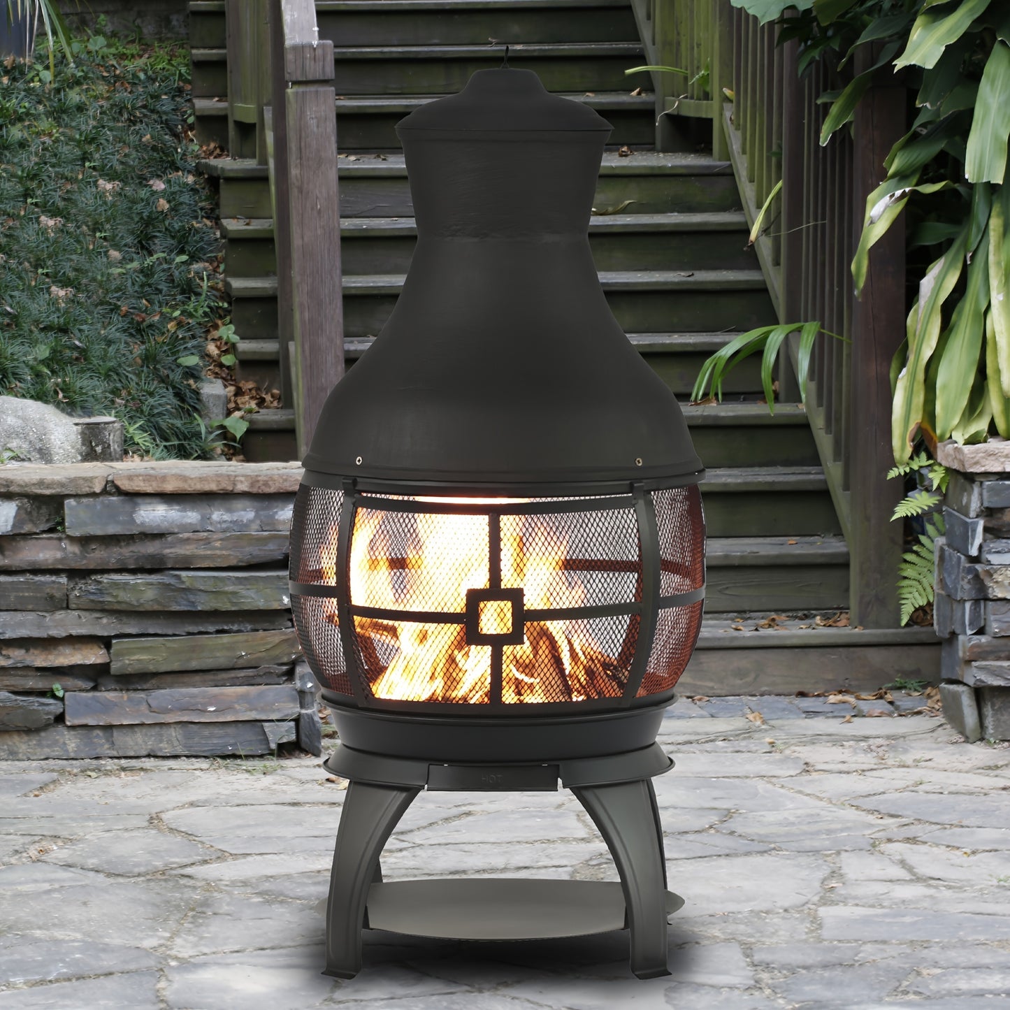 BALI OUTDOORS Wood Burning Fire Pits Chimenea Outdoor Fireplace Wooden Firepit, Brown-Black