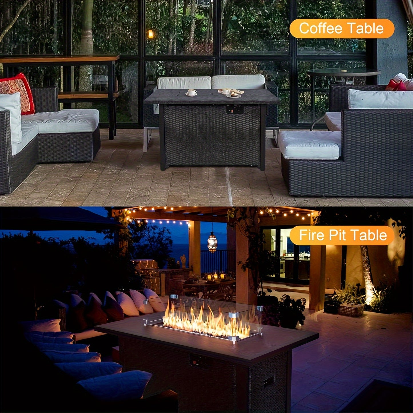 42" Propane Fire Pit Table, 50, 000 BTU, Brown Rattan and Metal with Glass Windshield, Lid, and Blue Glass Stones - Ideal for Outdoor Patio Use