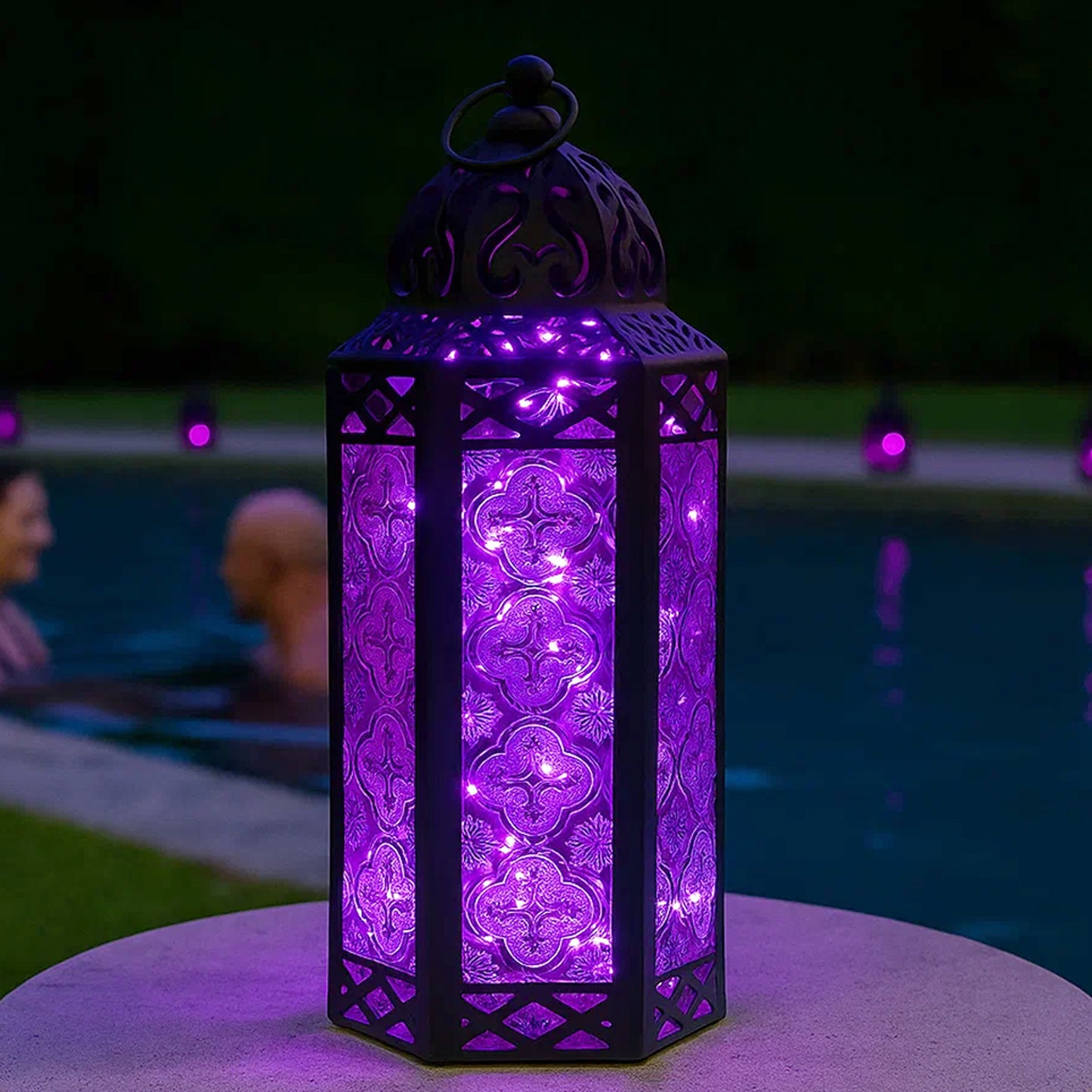 Stunning Ambient Lighting Safe and Stylish Glass Metal Moroccan Candle Lantern Holder Lamp with Battery-Operated LED Lights plus Remote Control – Handcrafted Lantern with Intricate Design and Embossed Glass, Indoor Home Dec