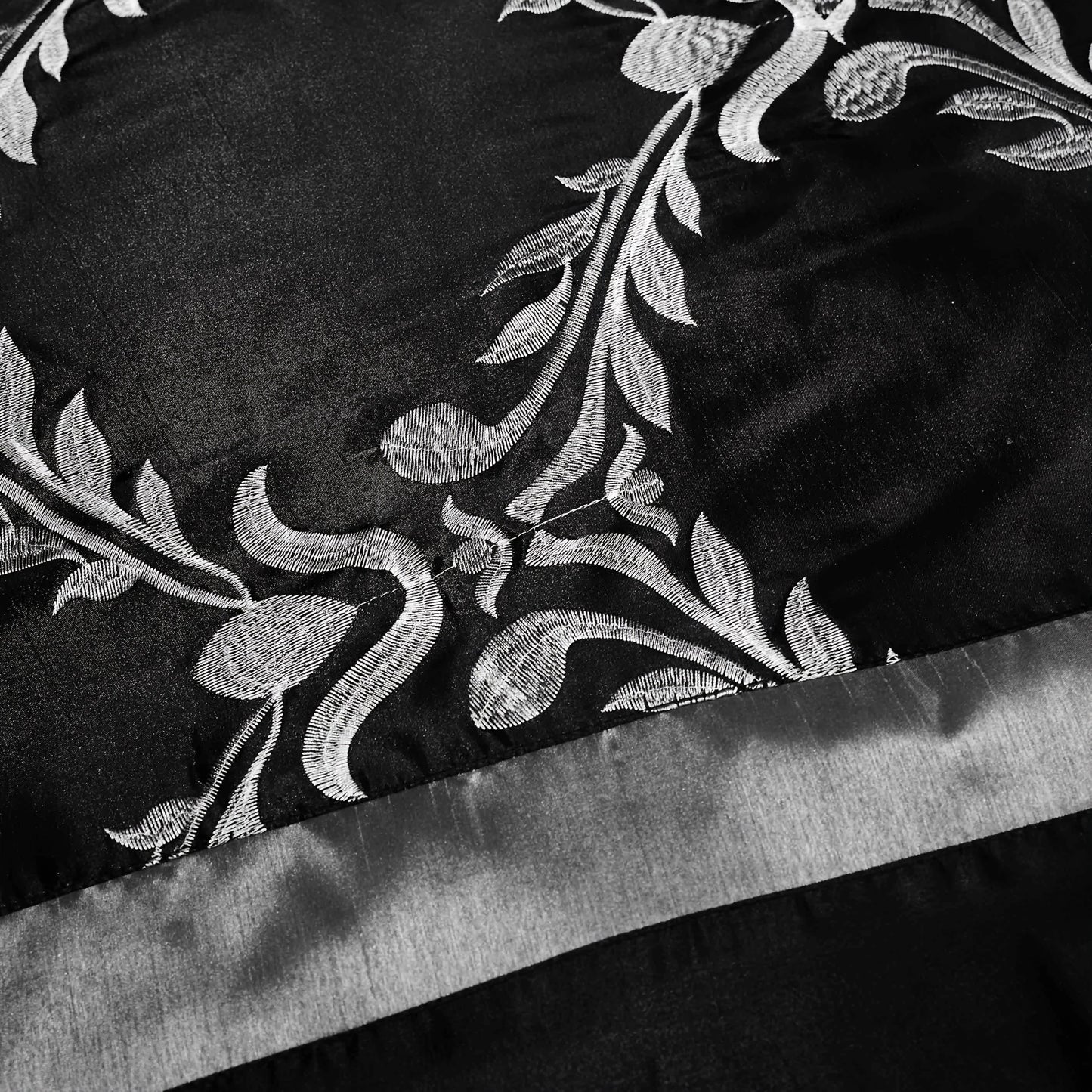 7 Piece Classic Embroidery Comforter Set King/Queen- Black And Silver Faux Silk Fabric Embroideried-1 Comforter, 2 Shams, 3 Decorative Pillows, 1 Bedskirt
