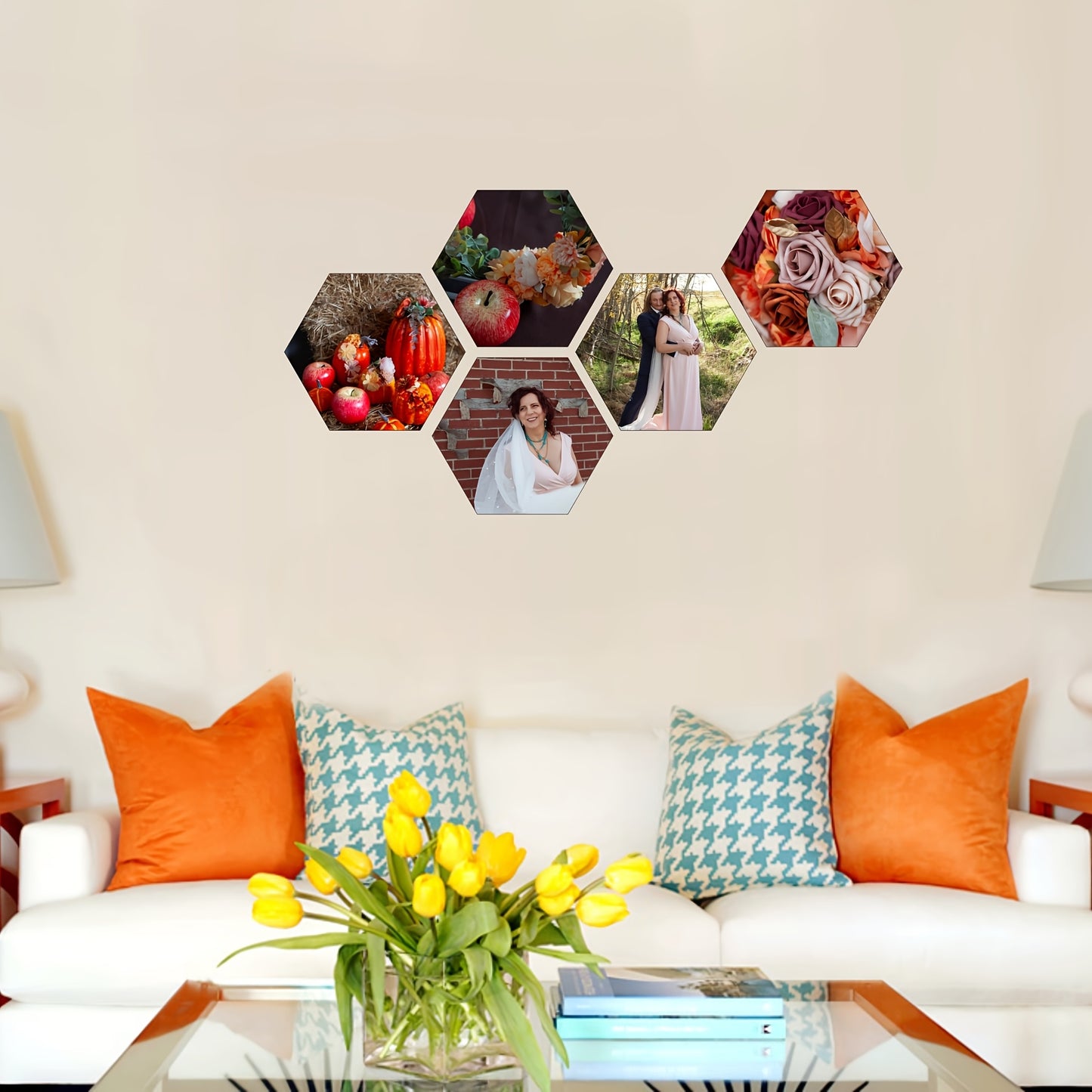 Custom Photo Print Tile 9.4x8 Inch Hexagon, Personalized Photo Board Wall Printing, Collage Wall Art Picture Gift for Family and Friends, No Damage Peeling and Adhesive Tape 4pcs