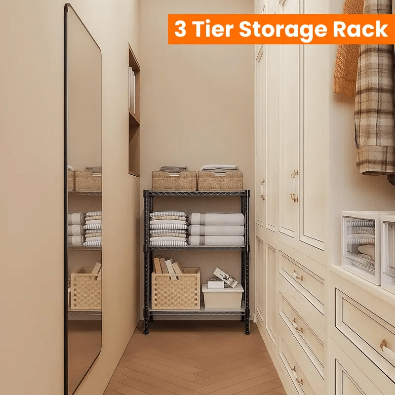 [Heavy-Duty Storage Rack] MZG Heavy-Duty 750 lbs 3-Tier Metal Wire Storage Rack | Adjustable Height, Freestanding Shelving Unit for Laundry, Bathroom, Kitchen, Pantry, Closet, Garage, Basement, Utility Room - Black 13.8"D x 2