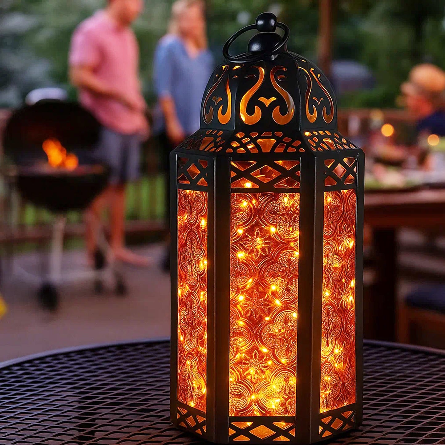 Stunning Ambient Lighting Safe and Stylish Glass Metal Moroccan Candle Lantern Holder Lamp with Battery-Operated LED Lights plus Remote Control – Handcrafted Lantern with Intricate Design and Embossed Glass, Indoor Home Dec