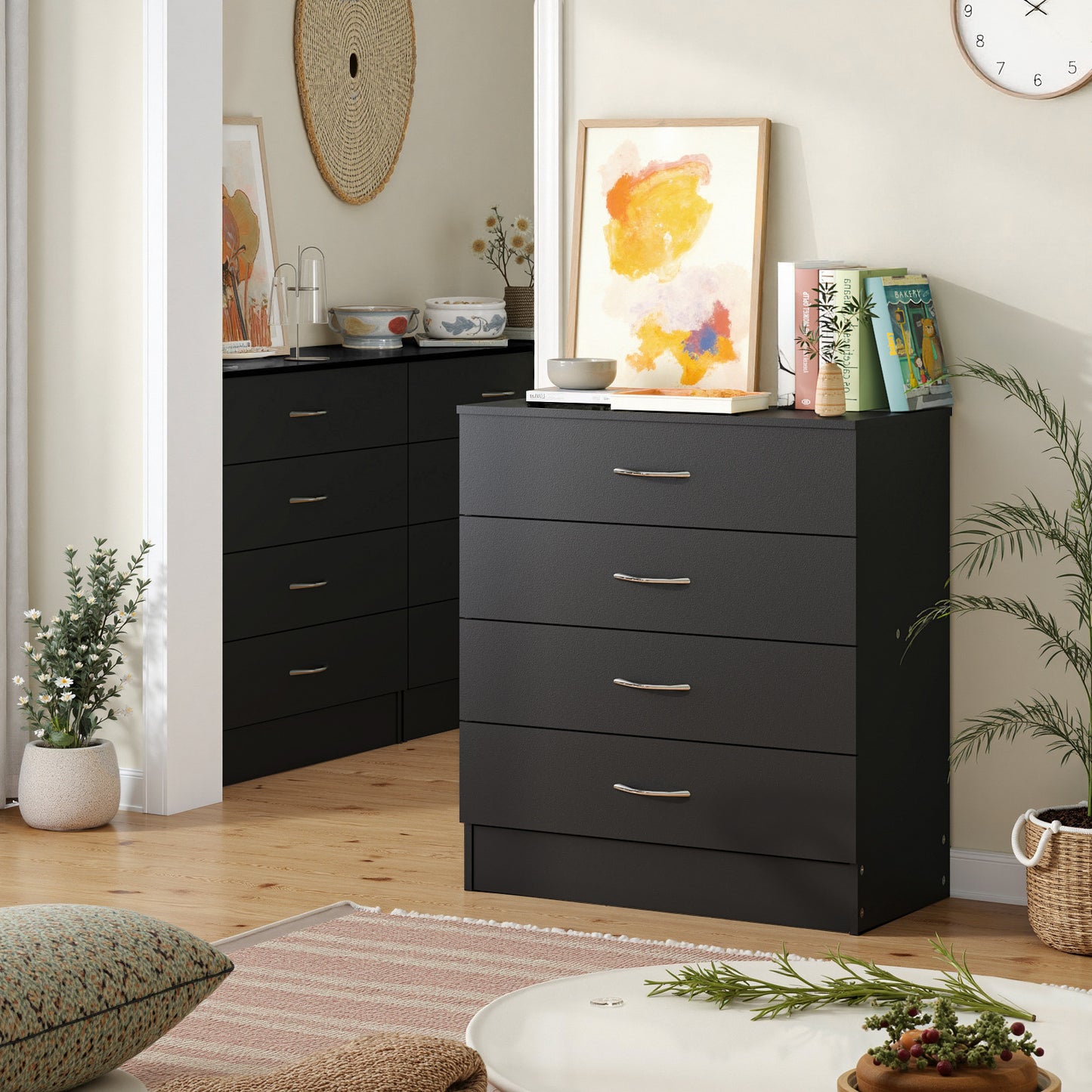 [Modern Minimalist Dresser] Compact Space-Saving Modern Minimalist Dresser - 4-Drawer Organizer with Flat Surface for Bedroom, Living Room, Entryway - Easy Assembly Required - White/Black Options Available