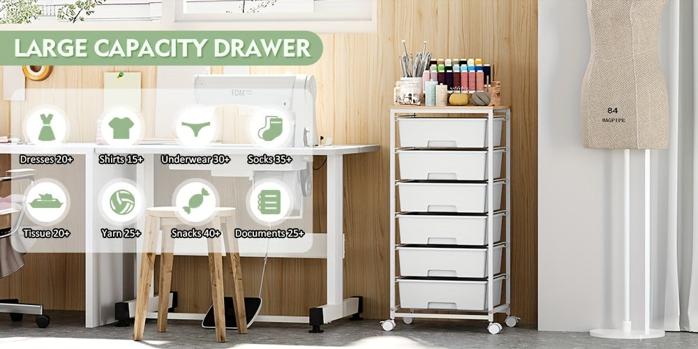 TOOLF Rolling Storage Cart With Drawers, Utility Cart With 6 Drawers And Tabletop, Craft Storage Cart With Lockable Wheels For Bedroom, Office, Classroom, Living Room