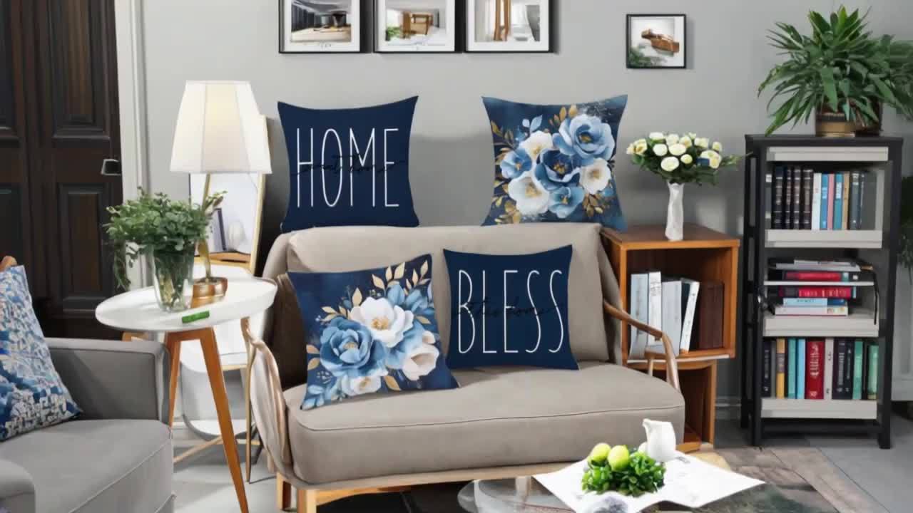 Set Of 4 Modern Floral Pillow Covers By Home Blessing & Home Design - Polyester Printed Cushion Covers With Zipper Closure 17.7*17.7inch - Durable Machine-Washable Pillow Cases For Living Room Sofa Bedroom Bedroom Home Decora