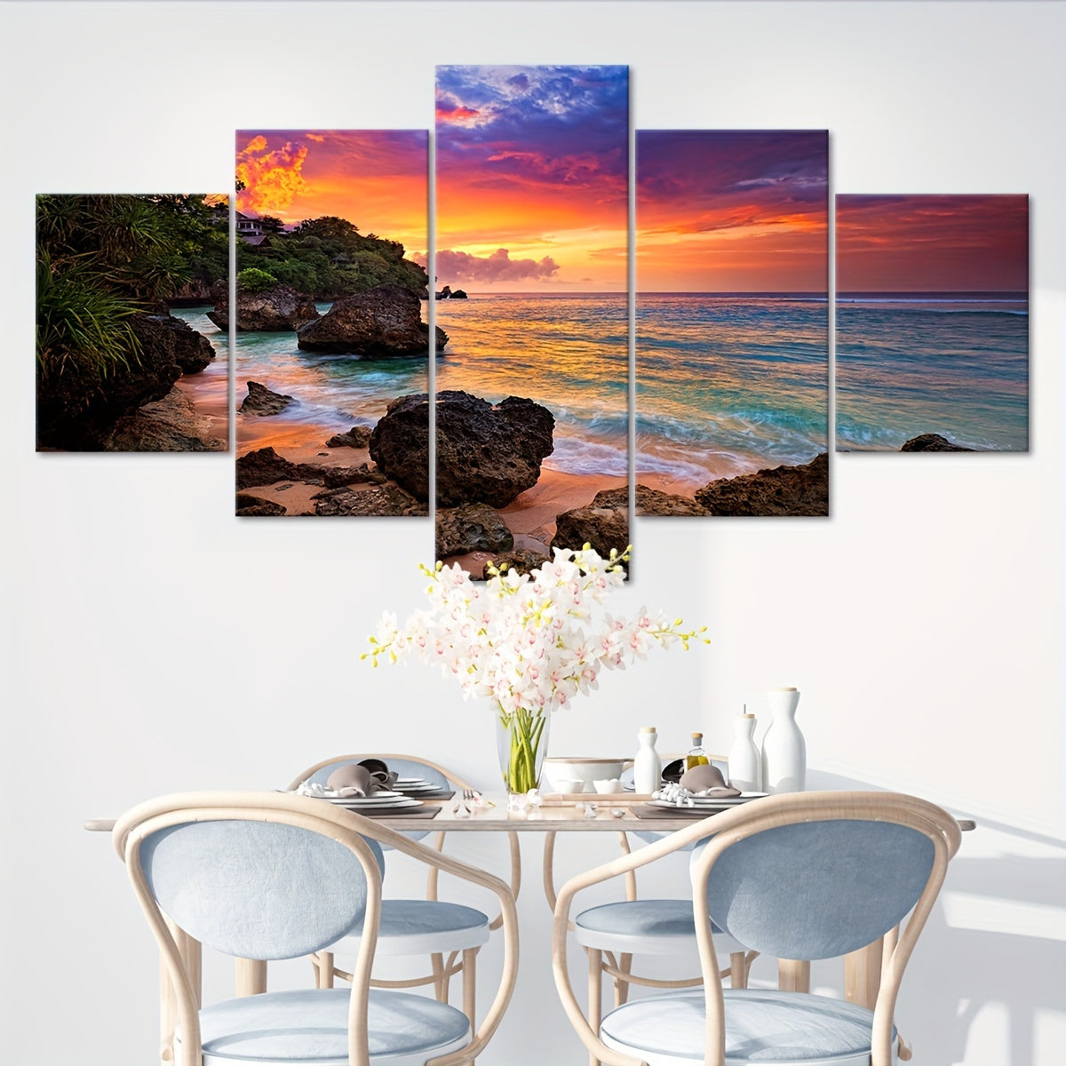 5pcs Frame Nature Seaside Lakes Canvas Poster, Sunrise Sunset Sea View Five Panel Scene Art, Modular Picture, Print Painting, Modern Art, Ideal Decor for Bedroom Living Room Kitchen Dorm, Wall Decoration, Gift for Family Frie