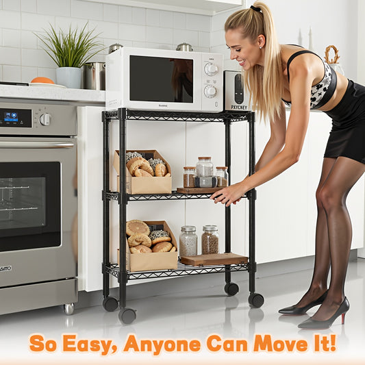 Adjustable Height Heavy-Duty Steel Wire Shelving Unit with 4-Wheel Mobility & Leveling Feet - 3-Tier Metal Storage Shelves with Chrome Finish, Space-Saving Freestanding Organizer for Kitchen, Bathroom, Garage, Laundry Room -