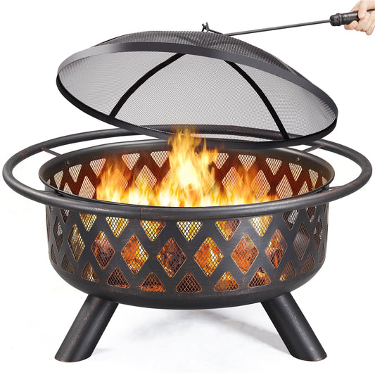 Costoffs Halloween Outdoor Iron Fire Pit Round Metal Outside Firepit with Mesh Screen Poker Rain Cover for BBQ/ Patio/ Backyard, Bronze