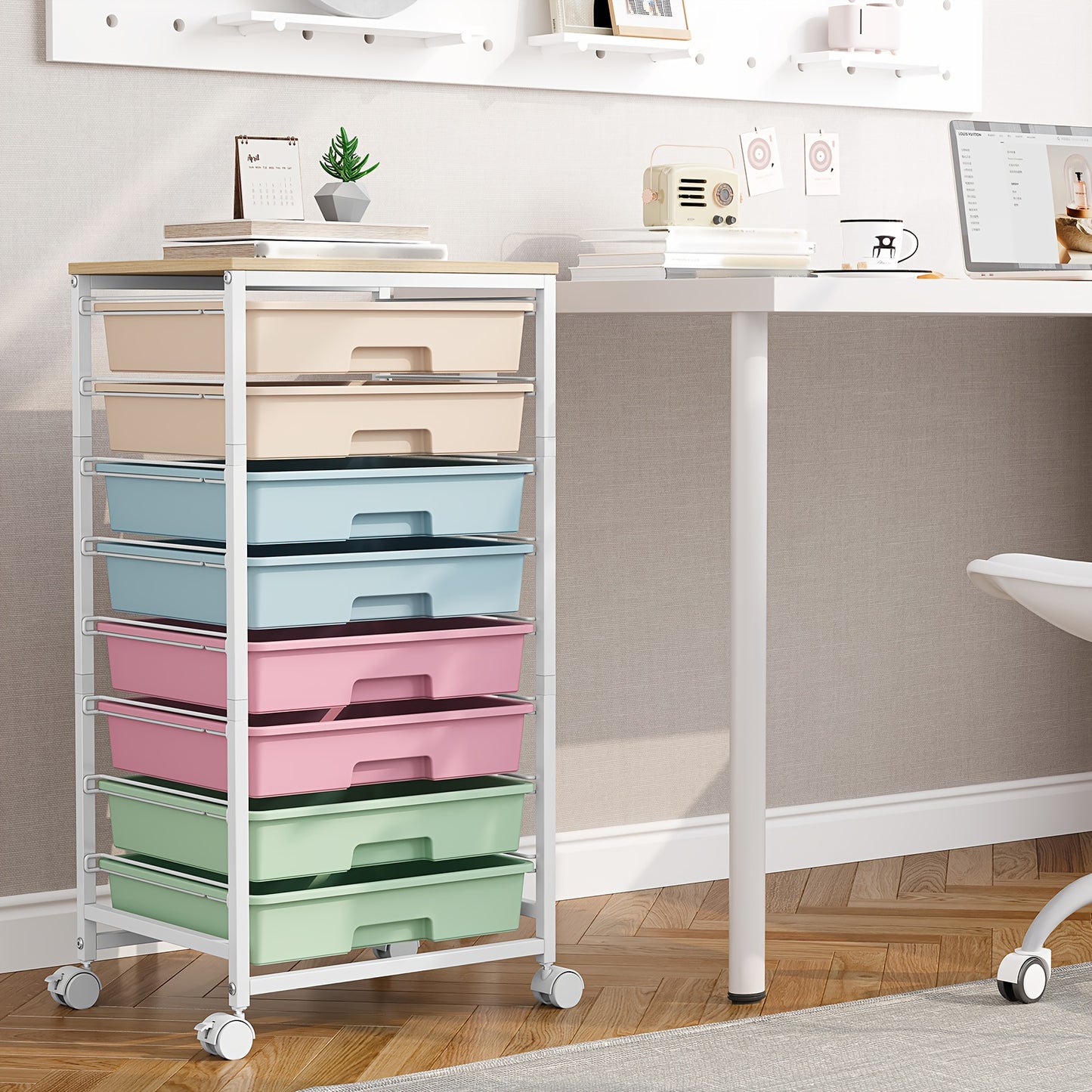 Rolling Storage Cart with Drawers, Utility Cart with 8 Drawers And Tabletop, Rolling Drawer Cart, Storage Drawer Cart for Living Room, Classroom, Bedroom, Bathroom, Dorm, Office, Dark Grey
