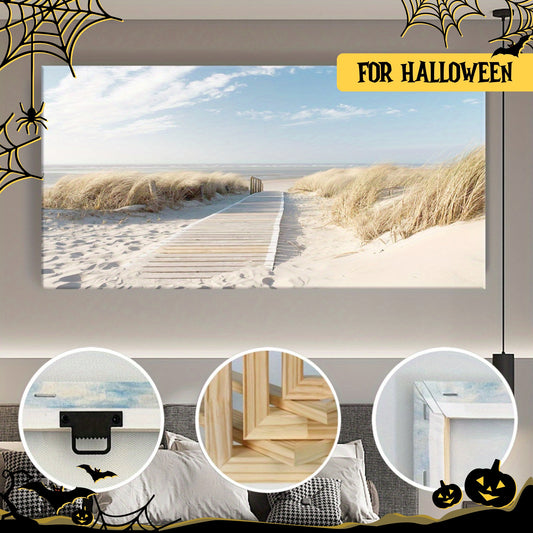 [2D Flat] 1pc Wooden Framed Canvas, Art Style, Beach View, Art for Home Decoration, Pattern Wall Art Decor, Halloween Christmas Gift, for Living Room, Bedroom, Office, Restaurant, Bar Wall Decor, Waterproof, Odorless, Paintin