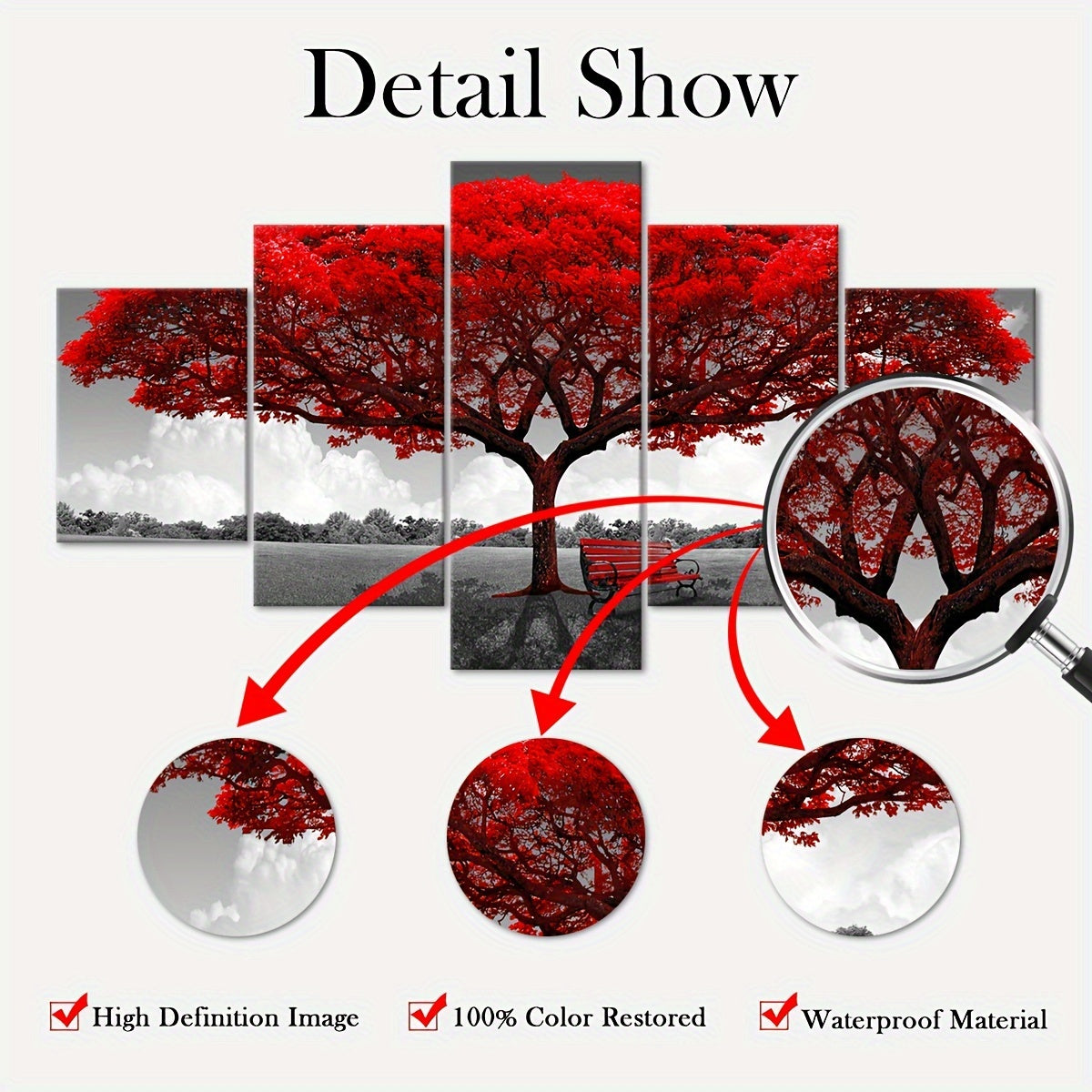 2D Flat, [2D FLAT] 5pcs Frame Red Happiness Tree Canvas Poster, Five Panel Scene Art, Modular Picture, Print Painting, Modern Art, Ideal Decor for Bedroom Living Room Kitchen Dorm, Wall Decoration, Gift for Family Friends, Mu