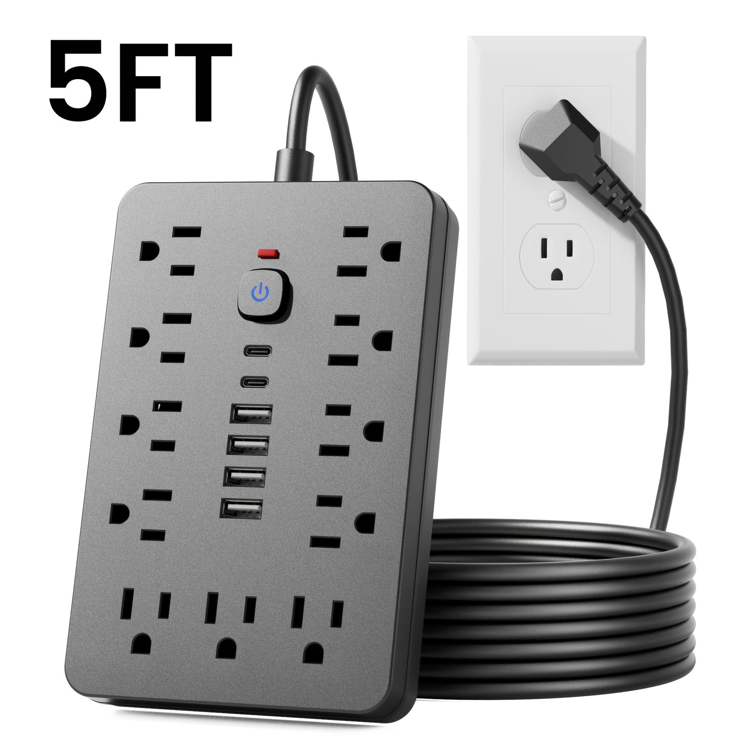 17-in-1 Power Strip - 11 Outlets, 6 USB Ports (4A & 2C), Flexible Cord, Wall Mountable, Surge Protection for Home, Office, Dorm, Desktop Charging Station