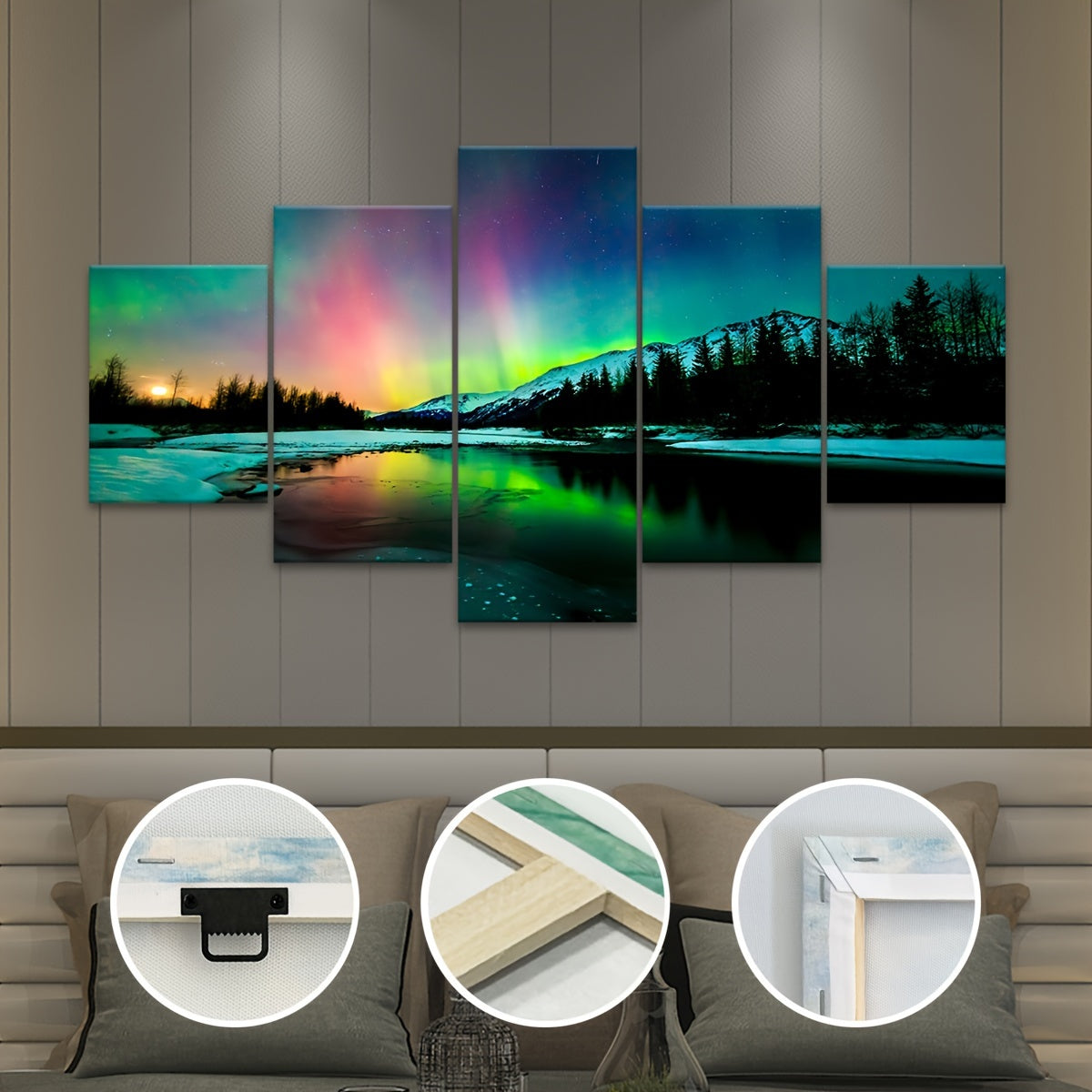 2D Flat, [2D FLAT] 5pcs Frame Romantic Aurora Canvas Poster, Five Panel Scene Art, Modular Landscape Picture, Print Painting, Modern Art, Ideal Decor for Bedroom Living Room Kitchen Dorm, Wall Decoration, Gift for Family Frie