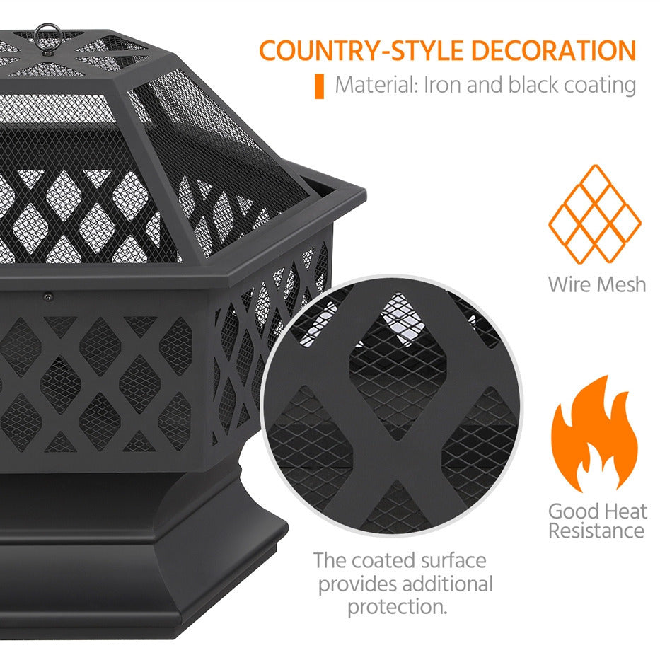 Costoffs Halloween 24in Hex Shaped Fire Pit Bowl with Spark Screen & Poker